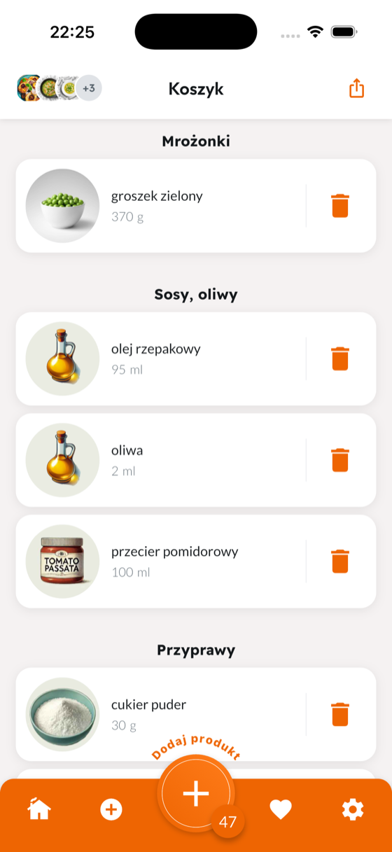 Ekran koszyka z listą zakupów pogrupowaną po kategoriach