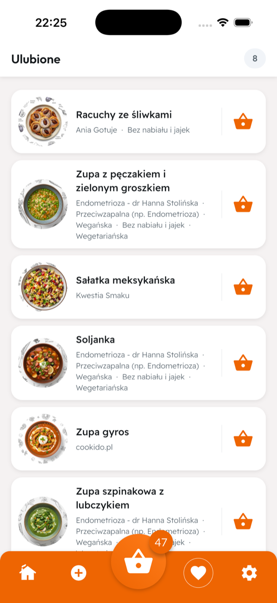 Ekran ulubionych przepisów w aplikacji OLIE — lista zapisanych dań