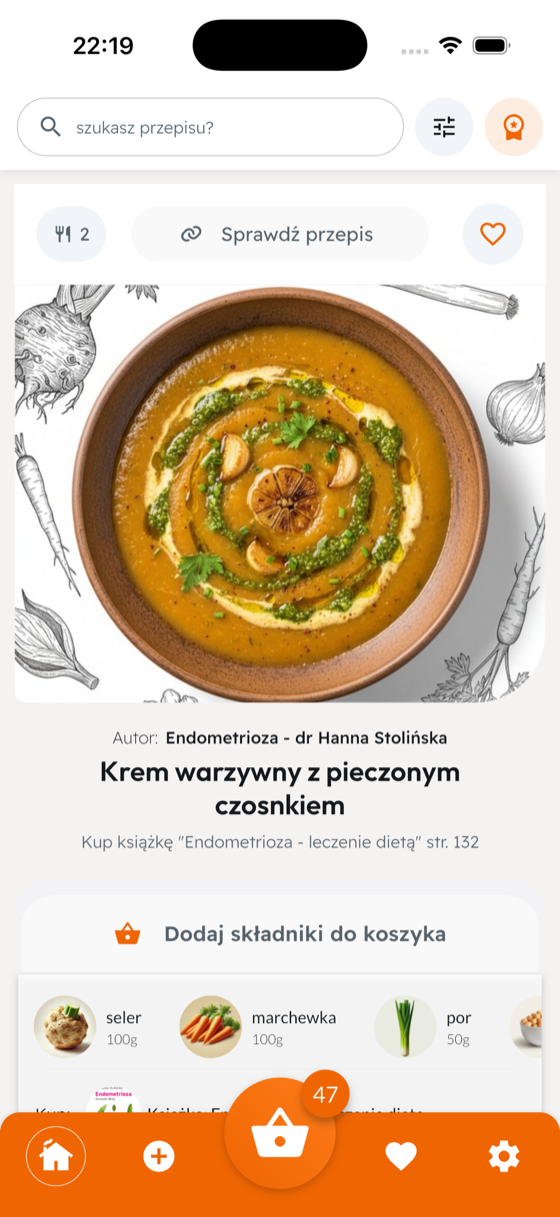 Ekran główny aplikacji OLIE — przepis dnia i lista składników
