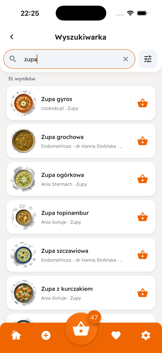 Ekran wyszukiwarki w aplikacji OLIE — wyniki wyszukiwania i filtry